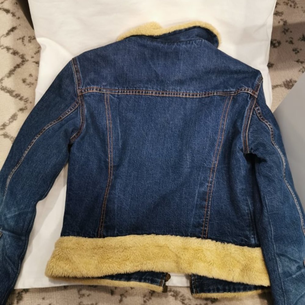 Levi's Dark Blue Denim Fleece Sherpa Cropped Jacket 7369603 Ladies S Zipped Up